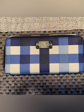 kate spade Blue and Cream Plaid Leather Clutch